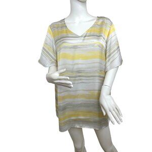 Susan Graver Women’s Tunic Top XL V-Neck Yellow Grey White Horizontal Stripes